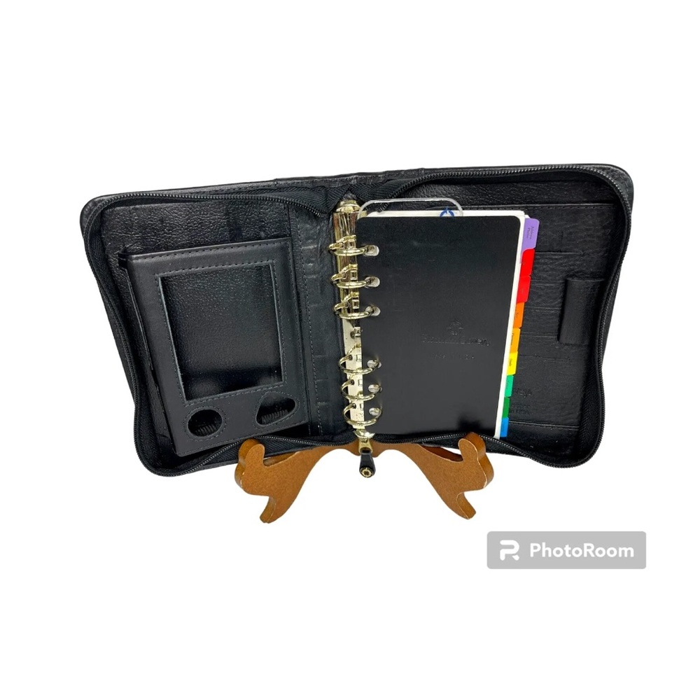 Franklin Covey Black Full Grain Nappa Leather USA Device Holder Zip Binder Tabs - Picture 3 of 15